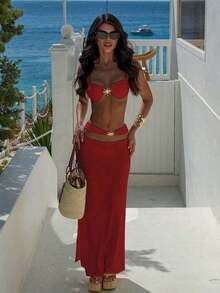 Nuevo conjunto de bikini con falda de cobertura para mujer, decoración de sol de metal, sexy, para verano y playa, color negro - Rojo - Ver 3