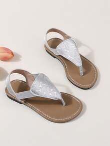 1 Pair Girls' Fashion Slides, New Summer Minimalist Glossy Flat Flip Flops, Outdoor Wear Beach Sandals - Silver - View 7
