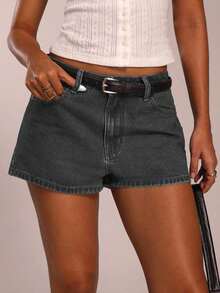 Shorts de mezclilla azul oscuro básicos de verano para mujer/etiqueta de cuero decorada/shorts de mezclilla de verano/lindos/para salidas/vacaciones/ropa de oficina - Gris - Ver 6