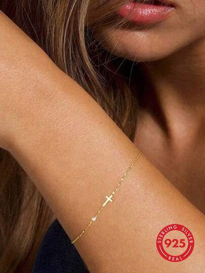 EleRunis 1pc 925 Sterling Silver Minimalist Mini Cross Pendant Bracelet, 18K Gold Plated, Women's Birthday Gift, Fashionable & Cute Jewelry, Daily Wear Gift For Mother, Suitable For Party, Wedding, Engagement, Anniversary