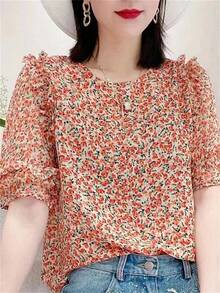 Blusa informal de verano para mujer, Top estampado con cuello de pajarita de manga corta, camisa estilo señora, blusa de verano a la moda - Naranja - Ver 1