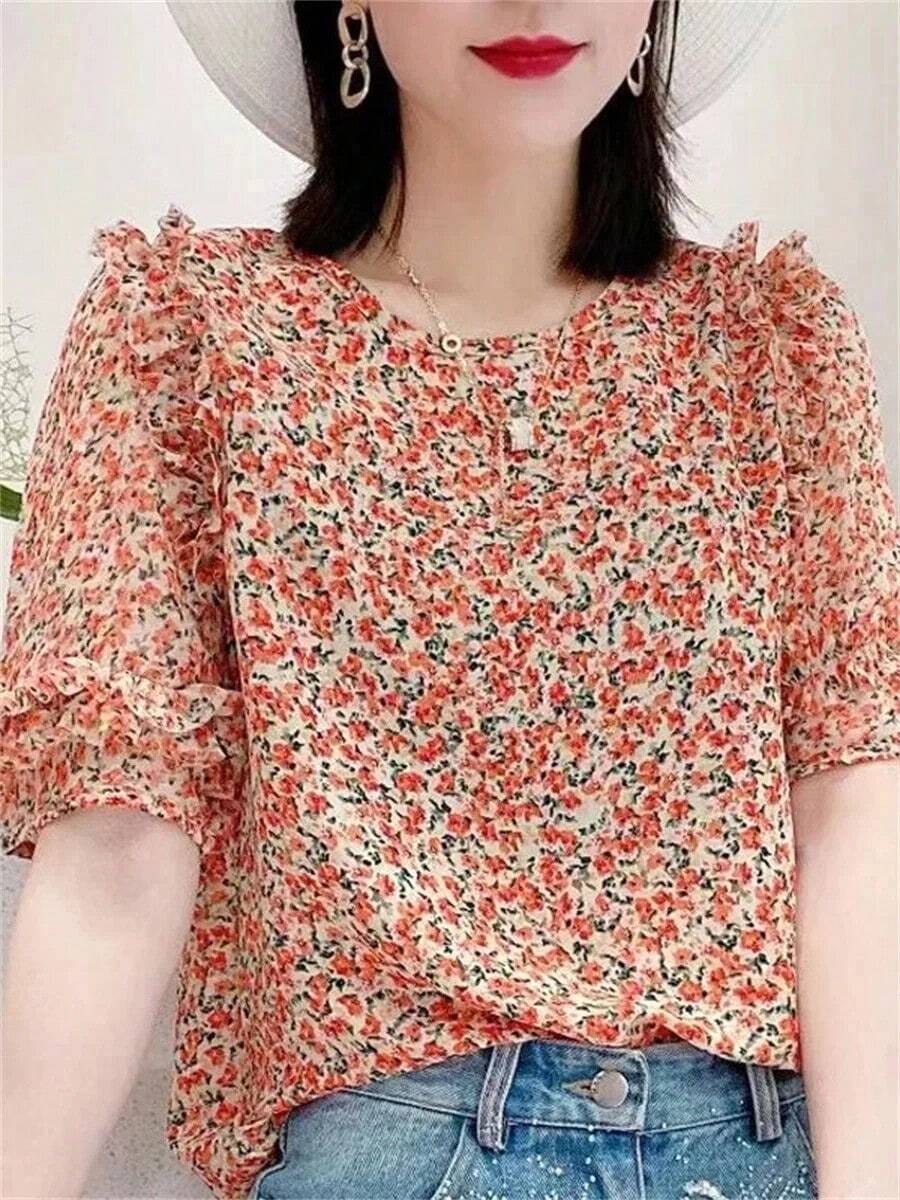 Blusa informal de verano para mujer, Top estampado con cuello de pajarita de manga corta, camisa estilo señora, blusa de verano a la moda - Naranja - Ver 1