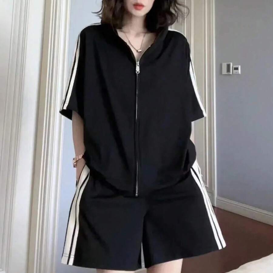 Pantalones cortos estilo callejero gótico para mujer, trajes deportivos informales para correr, pantalones cortos sueltos, conjuntos de dos piezas, camisetas Polo informales Y2k Harajuku, verano - Negro - Ver 1