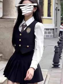 Conjunto de Tres Piezas Estilo Preppy de Drama Coreano para Mujer, Camisa a Cuadros de Otoño, Falda y Traje, Cálido, Manga La... - Camisa blanca sencilla (incluye corbata) - Ver 2