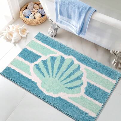 Light Blue Seashell Bathroom Rug, Non-Slip Washable Cute Coastal Bath Mat, Fluffy Faux Sheepskin Soft Carpet For Bathroom, Kitchen, Outdoor, Indoor, Hallway, Bedroom, Living Room, Machine Washable, Easy To Clean, Non-Slip Bottom, Suitable For Bedroom Decor, Bathroom Decor, Holiday Decor, Room Decor, Outdoor Decor
