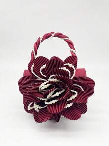 Mini Solid Color Elegant Sweet Lady 3D Ruffle Flower Pearl Decor Satin Clutch Bag For Party, Wedding, Gathering, Ball, Bride - Burgundy - View 3