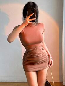 Minivestido Sexy ajustado con cuello medio alto y cintura plisada, Vestidos ajustados picantes para niñas, Vestidos ajustados para Mujer, Cortos, ropa de fiesta para Mujer - Caqui - Ver 6