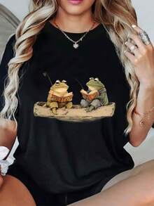 Cute Women's Frog Print T-Shirt - Two Frogs Looking At Each Other Short Sleeve Crew Neck T-Shirt - Medium Stretch All Season Comfortable Casual Dress With Frog Design (No) - Machine Washable For Spring Summer Autumn Winter - Black - View 1