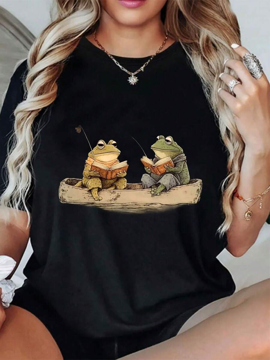 Cute Women's Frog Print T-Shirt - Two Frogs Looking At Each Other Short Sleeve Crew Neck T-Shirt - Medium Stretch All Season Comfortable Casual Dress With Frog Design (No) - Machine Washable For Spring Summer Autumn Winter - Black - View 1
