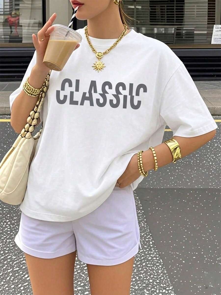 Áo thun in chữ cổ điển, áo thun in họa tiết tối giản, áo tay ngắn phong cách retro thường ngày, áo cơ bản phong cách đường phố màu trắng mùa hè. - trắng - Xem 1