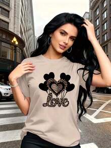 Graphic Tees2026 New Women's Pure Cotton Casual T-Shirt, Combining Boldness With Delicacy, With A Black Heart-Shaped Balloon Print And Leopard Print, And U - 杏色 - 查看 3