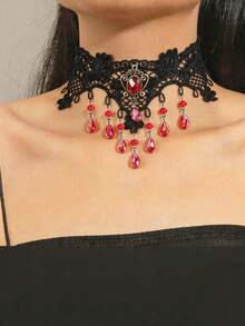 1 chiếc vòng cổ choker ren pha lê phong cách Gothic, vòng cổ thời trang cá nhân hóa kiểu retro dành cho nữ. - Nhiều màu - Xem 4