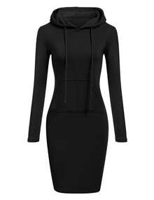 Vestido de mujer de otoño, vestidos con capucha para mujer, sudaderas con capucha para mujer, sudaderas con capucha para mujer, vestido, Tops, ropa para mujer - Negro - Ver 1