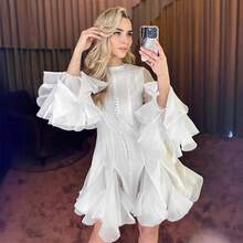 Women's Long Sleeve Mesh Panel Ruffle Hem Mini Dress| Elegant Button-Front A-Line Party Dress - White - View 9