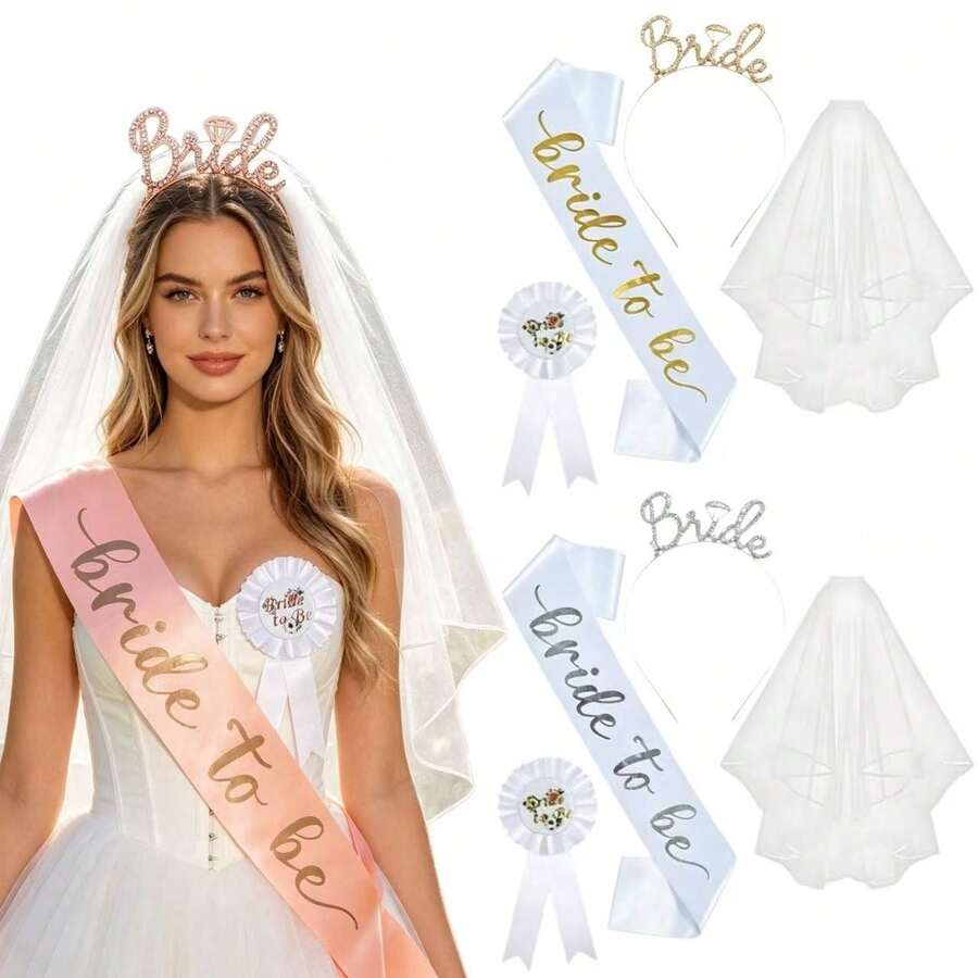 Bộ 4 món phụ kiện cô dâu gồm mũ đội đầu, dây đeo vai, khăn voan, huy hiệu, khăn voan và dải băng đeo vai, đồ dùng trang trí tiệc cưới. - Bộ đồ cưới - Xem 1