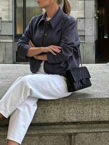 Women's Solid Color Drop Shoulder Long Sleeve Short Front Button Fashionable Versatile Jacket - Grey - View 2