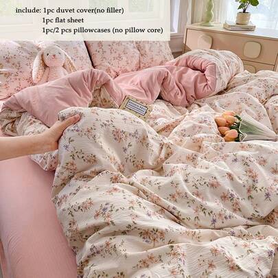 3/4pcs Bedding Set, Orange & Purple Small Ditsy Floral Duvet Cover Set, Branches & Leaves Ditsy Floral Bed Set, Soft & Breathable Machine Washable, Ins Fresh Pink Tone Home Bedding, Suitable For All Seasons, Applicable For Guest Room, Rental, Dorm, Bedroom, Includes 1pc Duvet Cover (No Filler), 1pc Bed Sheet, 1pc/2pcs Pillowcase (No Filler)