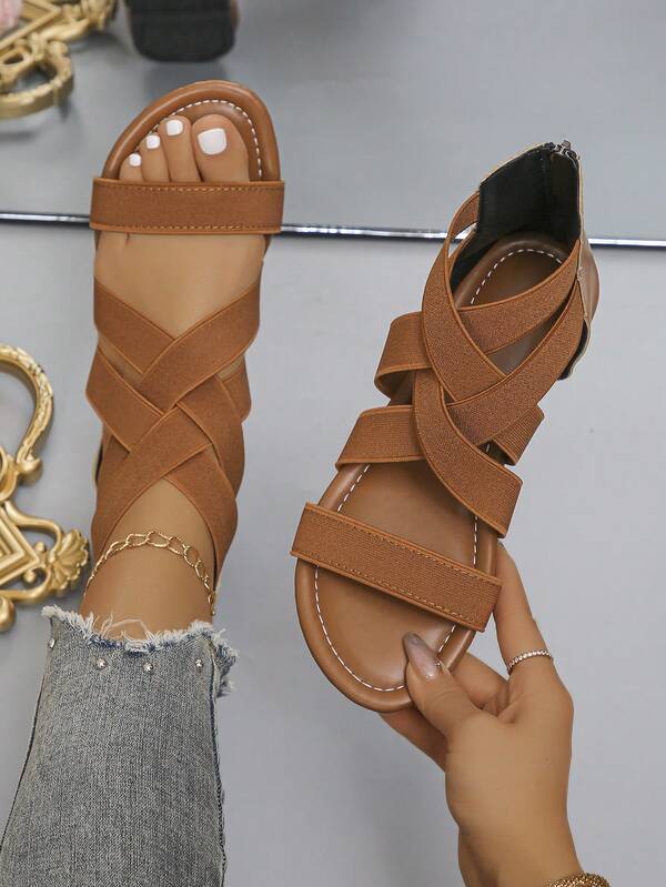Sandal đế bằng bản rộng dành cho nữ, quai thun co giãn, kiểu dáng rộng rãi thoải mái, sandal La Mã, sandal ngoài trời thanh lịch, kiểu dáng thường ngày, có khóa kéo phía sau.