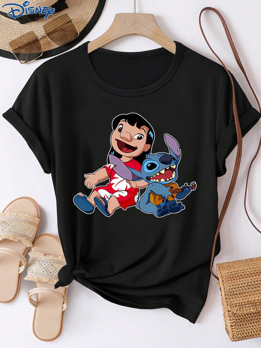 1pc Women's Short Sleeve T-Shirt, Disney Stitch And Lilo Graphic Print, Round Neck, Stretchy, Easy Care Material, Suitable For Daily Wear, Fashionable Women's Short Sleeve T-Shirt, Casual Wear - Black - View 1