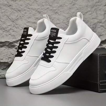 Men's Pure White Leather Patchwork Casual Sneakers, Fashion Minimalist Elevated Insole Outdoor Leisure Shoes For Youths
