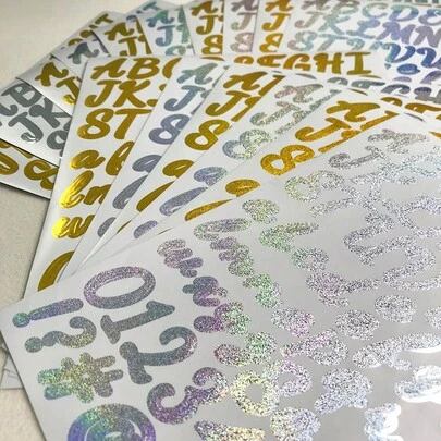 10张1英寸全息闪光字母数字贴纸，手写风格激光金银细砂乙烯基贴纸，适用于DIY礼品包装、生日派对、婚礼、剪贴簿、卡片制作、日记、毕业典礼和节日装饰，多用途字母贴纸
