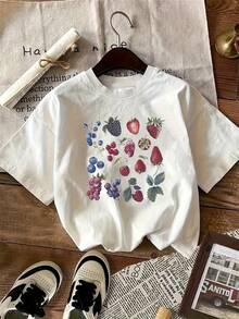 Retro claro rosa camiseta de manga corta - suave y transparente con fresa y diseño de arándano, relajado cuello redondo de la camiseta de verano, Top en capas lavable, ideal para el desgaste casual y semitransparente todo el año - Blanco - Ver 2