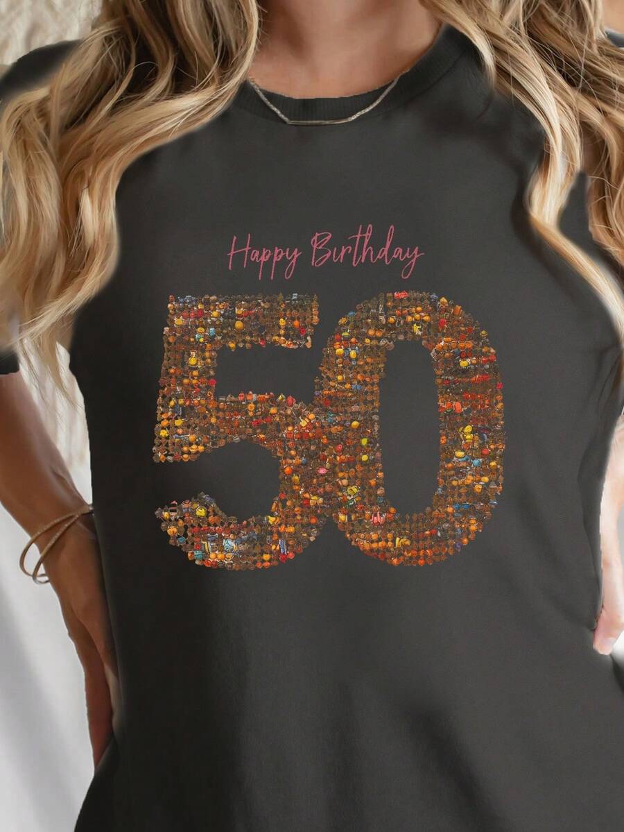 Feliz cumpleaños impresión cuello de la tripulación camiseta, top de manga corta casual para primavera y verano, ropa de mujer
