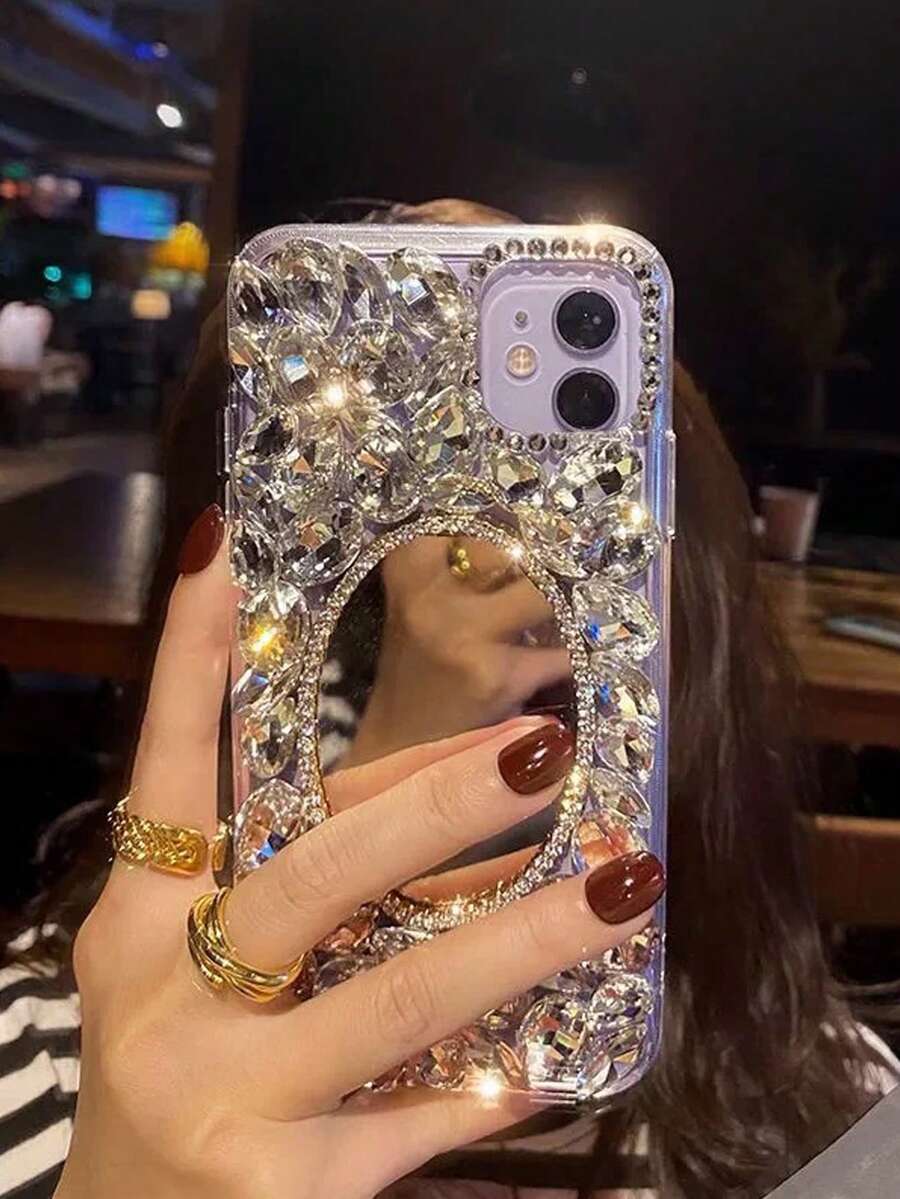 Luxury Bling Rhinestone Glass Oval Makeup Mirror Phone Case, Suitable For IPhone 17 Pro Max/16 Plus, S25 Series/NOTE20 Series, Anti-Drop Phone Cover - White - View 1