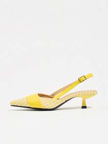 Women's Pointed Toe Slingback High Heel Shoes, Plaid Pattern Fabric, Comfortable Casual Wear For Commuting, Party, Holiday, Date Night, Formal Occasions, Suitable For Spring/Summer 2026 Paired With Dresses, Yellow Color - Yellow - View 6