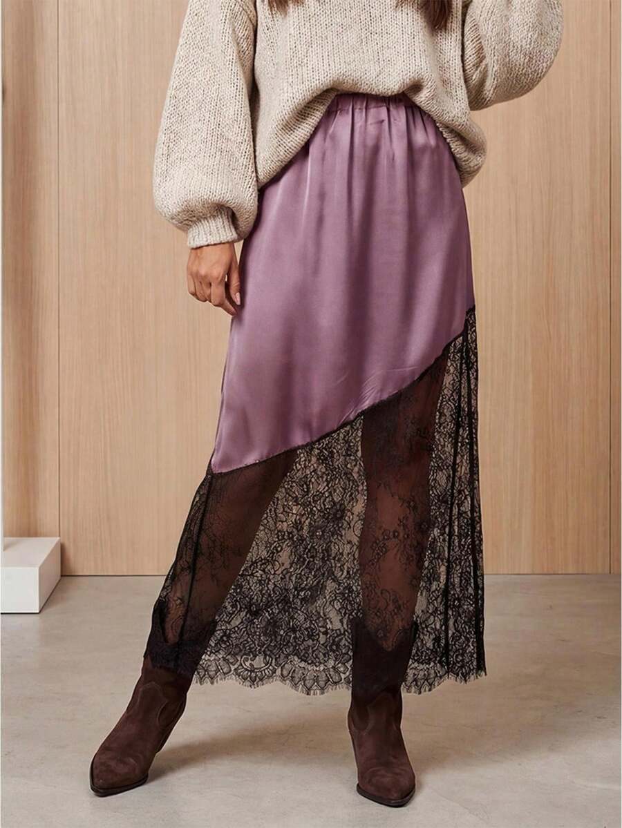 Women's Long Skirt Satin Lace Patchwork Design Stylish Solid Color High Waisted Skirt for Summer - Morado - Ver 1