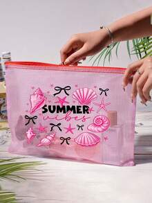 Fashionable Waterproof PVC Beach Bag, Printed With "Summer" Shell Pattern, A4 Size, Transparent Cosmetic Bag, Toiletry Bag, Nylon Zipper, Suitable For Swimming, Diving, Summer Vacation, Lightweight, Beach Essential, Travel/Back To School Essential, Vacation Companion - Multicolor - View 5