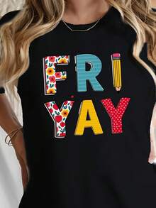 Impresión gráfica camiseta, manga corta cuello de tripulación top casual para verano y primavera, ropa de mujer - Negro - Ver 2