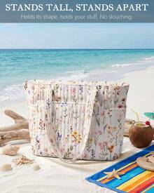 Puffer Tote Bag For Women, Quilted Cotton Laptop Work Tote Shoulder Bag For College School, Teacher, Nurse, Travel | Top Full-Zip Closure, Lightweight, Puffy, With Cosmetic Bag, 40 OZ Tumbler Holder, 14" Computer Bag, Ideal Gift For Women, Wild Flower - Hoa dại - Xem 8