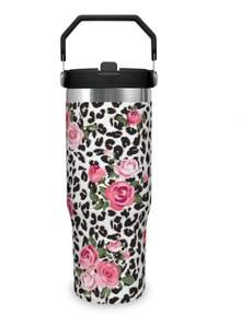 30Oz Stainless Steel Water Bottle With Straw For Sports, Travel, And School Sports Water Bottle, Keeps Water Warm For Over 24 Hours, Sealable, Portable, Flip Top, Ideal For Hot And Cold Beverages, Coffee, And Frozen Drinks - Họa tiết da báo 1 - Xem 3