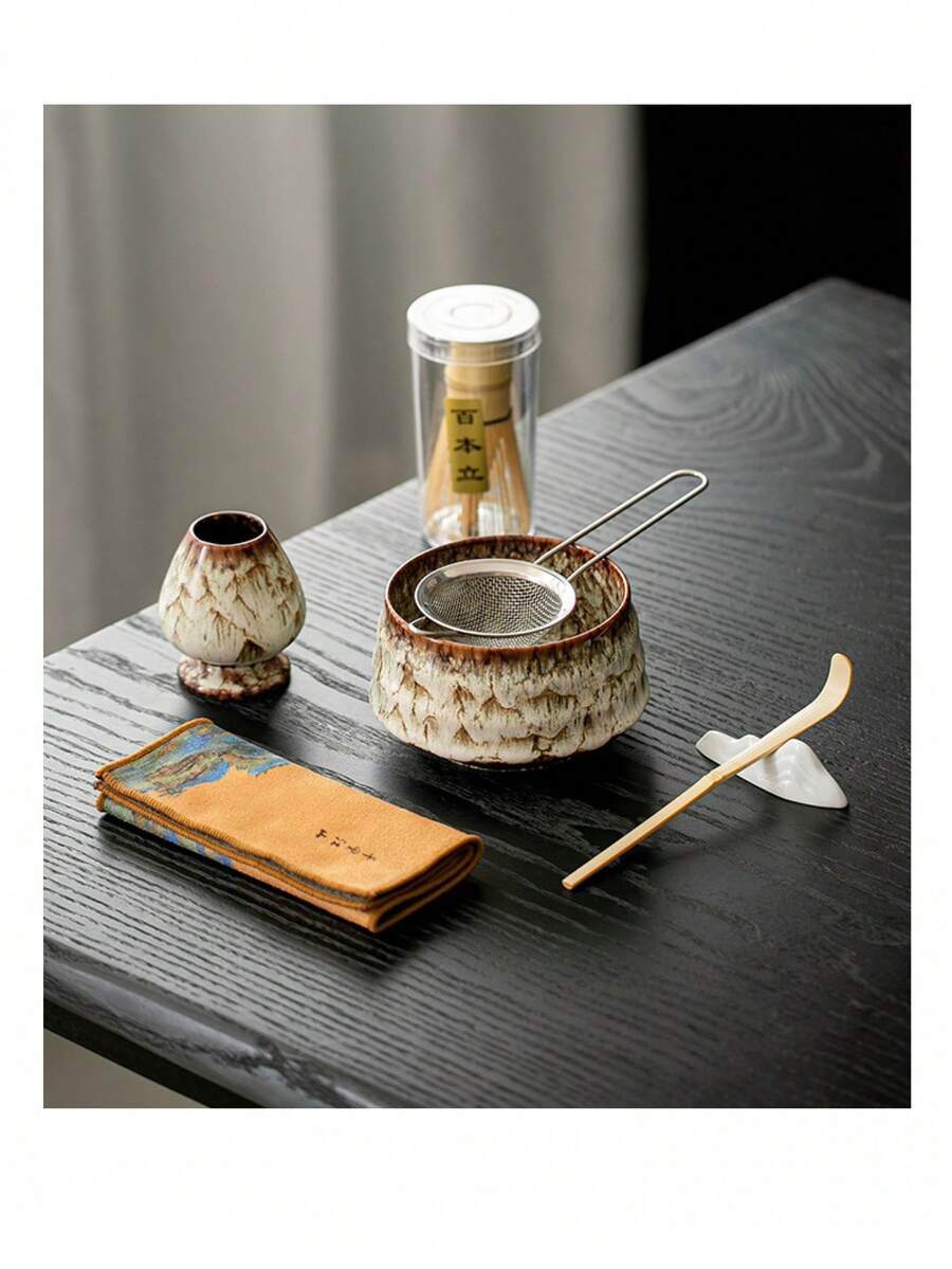 宋代古董抹茶碗套装，包括抹茶筅、日式茶碗、搅拌棒、茶刷和窑烧陶瓷器皿 - 窯變白-2件套 - 查看 1