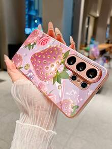 浪漫玫瑰草莓水钻图案粉色玻璃手机壳，适用于三星 Galaxy S26 Ultra/S26 Edge/S25 Ultra/S24 Ultra/S22 Ultra/S23 Ultra/S21 Ultra/S20 Ultra/S10/S9/S8 Plus/Note20 Ultra，适合周年纪念、节日、送给朋友、家人、爱人的礼物，防刮花，高清玻璃材质，时尚优雅的保护壳 - 粉色 - 查看 4