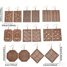 8 Pairs Laser Cut Geometric Hollow Carved Wooden Rectangular Octagonal Rhombus Multi-Pattern Women's Earrings - 8 Pairs - View 6