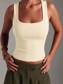 Casual    Ruched    Vacation  Beach  Women's White Square Neck Fitted Tank Top, Cropped Sleeveless Cami, Casual Minimalist & Chic Daily Outfits - 杏色 - 查看 6