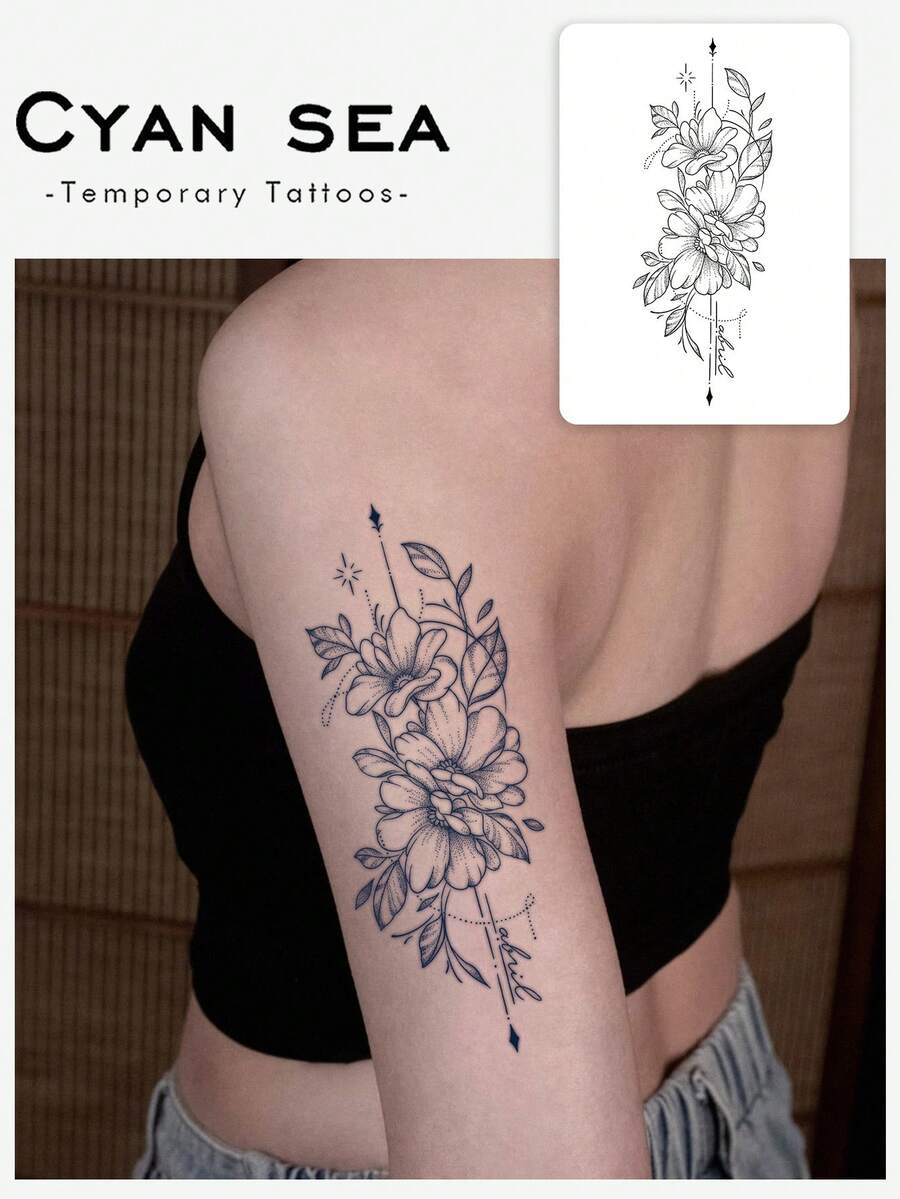 1 Stiker Tato Herbal, Huruf Bunga Garis Halus Berbentuk Garis Vertikal, Stiker Tato Sementara, Untuk Lengan, Perut, dan Kaki, Tidak Memantulkan Cahaya, Tato Realistis, Cocok untuk Semua Orang, Untuk Penggunaan Sehari-hari, Bertahan 7-14 Hari - Hitam - View 1