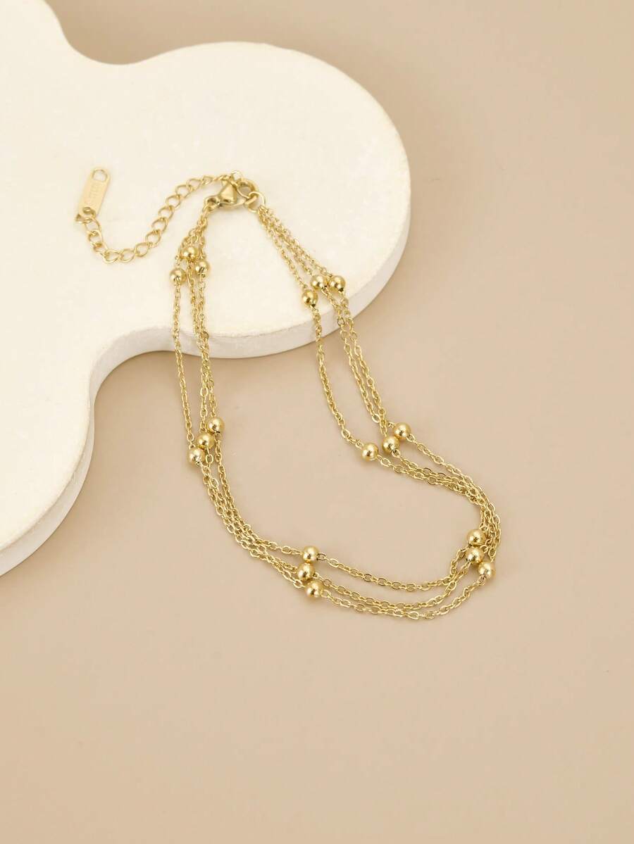 1 chiếc lắc chân nữ thời trang nhiều lớp bằng thép không gỉ, lắc chân, hạt vàng nhỏ, tua rua, trang sức vàng, mùa hè, bãi biển, trang sức kỳ nghỉ, charm, trang sức phương Tây, quà tặng cho phụ nữ, quà tặng, quà sinh nhật - Vàng - Xem 1