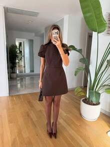 Women's Fashionable Versatile Minimalist Button-Up Commuter Dress - Brown - View 2