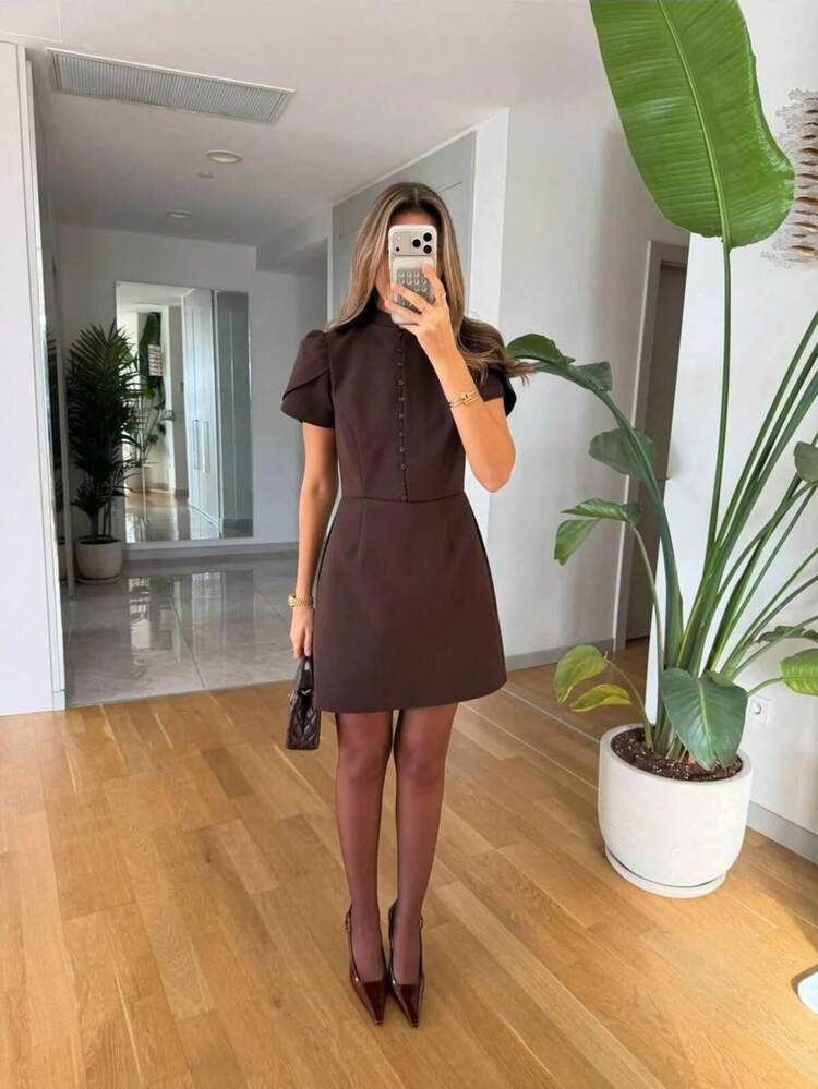 Women's Fashionable Versatile Minimalist Button-Up Commuter Dress - Brown - View 2