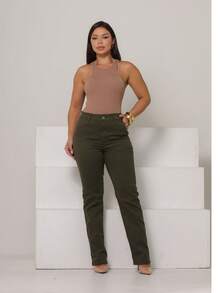 Women's Straight Leg Trousers In Satin Twill, Tailored Style, Malloy Style - 軍綠色 - 查看 3