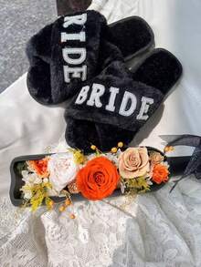 1双女士交叉绑带珍珠水钻新娘装饰平底拖鞋，露趾软底凉拖，时尚优雅，适合订婚、婚礼、派对等场合，室内外穿着舒适，秋冬季节皆宜。 - 黑色 - 查看 8