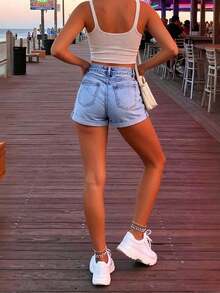 Shorts de Mezclilla de Verano para Mujer, Nuevos Shorts de Mezclilla Elásticos con Dobladillo Enrollado a la Moda para Damas - Lavado ligero - Ver 3