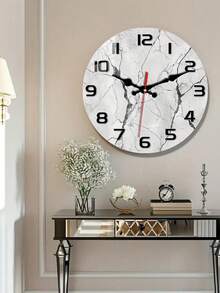 1pc Wood Wall Clock With White Marble Texture, Fantasy Theme, Tempered Glass Layered Silent Movement, Analog Display, Suitable For Living Room, Study, Minimalist Decor, Excellent Contemporary Art Gift, Battery Operated (Batteries Not Included) - Multicolor - View 2