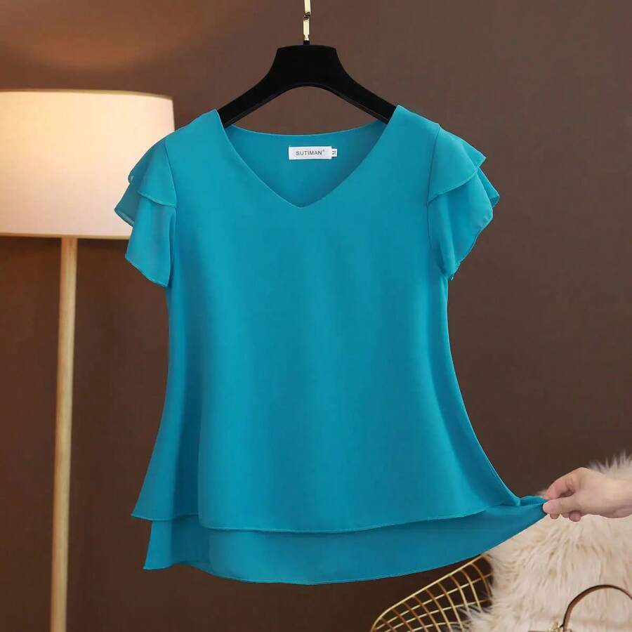 2026 nueva blusa de verano para mujer, camisa holgada de gasa con cuello en V, blusa de manga corta para mujer, camisas de gran tamaño, tops y blusas para mujer - azul malaquita - Ver 1