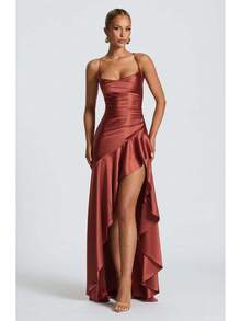 Satin Maxi Dress, Sexy Spaghetti Strap Open Back Ruffle Irregular Hem, Evening Party Prom Gown - Đỏ - Xem 9