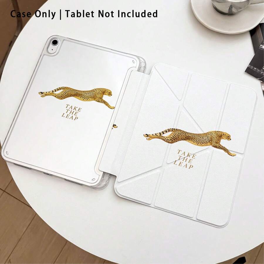 1 pieza Funda de tableta de acrílico transparente con cristal, con estampado de guepardo dorado y lema inspirador, cubierta protectora plegable con bordes reforzados de silicona, función de activación/suspensión automática, soporte para lápiz y soporte de varios ángulos para iPad - Estilo 1 - Ver 1