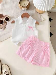 Setelan Rompi Tanpa Lengan Bertekstur Ribbed + Celana Pendek Bermotif Pita Ribbed Warna Pink untuk Anak Perempuan, Pakaian Kasual Lucu 2 Potong untuk Anak Perempuan, Musim Semi/Panas - Berwarna merah muda - View 2